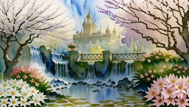 Beautiful spring landscape with waterfall and castle on background. 