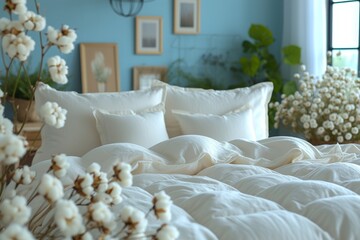Cotton pillows on the bed in modern bedroom