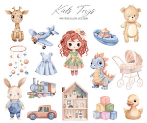 Fototapeta premium Watercolor toys set. Hand drawn kid toy, dinosaur, doll, teddy bear, bunny. Childish vector illustration pastel colors.