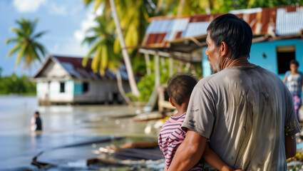 Fototapeta na wymiar Families in Kiribati relocating to higher ground as their island faces the threat of submersion