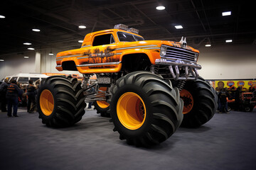 Powerful monster truck car at the exhibition. Generative AI - obrazy, fototapety, plakaty