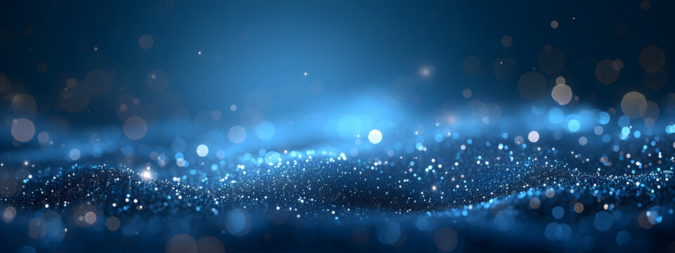 A dark blue abstract background featuring a glow particle effect. The image includes abstract blue lights and star particles, forming a captivating scene with dots on a dark background.