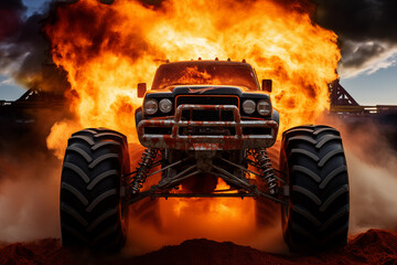 Powerful monster truck engine exhaust belching flames. Generative AI - obrazy, fototapety, plakaty