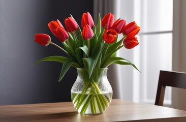 Fototapeta premium Valentine's Day, Mother's Day, National Grandmothers Day, International Women's Day, bouquet of red tulips in a glass vase on a wooden table, bright room with a window
