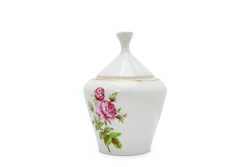 White porcelain sugar bowl with a floral theme and classic style.