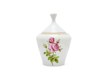White porcelain sugar bowl with a floral theme and classic style.
