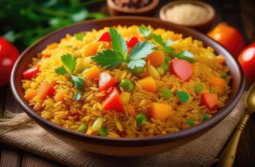 Deurstickers International Day of Nowruz, traditional Iranian and Turkic cuisine, national Uzbek pilaf, with pieces of vegetables and herbs, Halim ashi, pottery © Svetlana Leuto