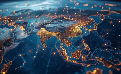 Digital map of Asia, concept of global network and connectivity, data transfer and cyber technology, business exchange, information and telecommunication