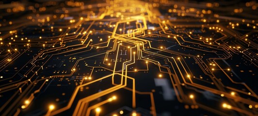 Glowing nodes and lines on digital circuitry create a luminous, futuristic techno landscape in gold and black tones