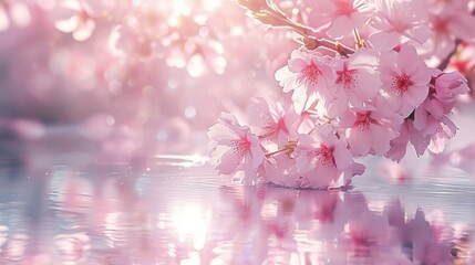 A spring cherry blossom scene, delicate pink sakura flowers, a tranquil pond reflecting the blossoms, serene and poetic atmosphere