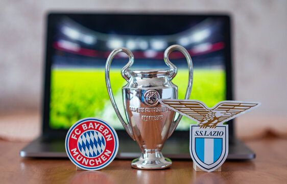 January 3, 2024, London, United Kingdom. The emblems of the football clubs participating in the UEFA Champions League playoffs are SS Lazio and FC Bayern Munich.