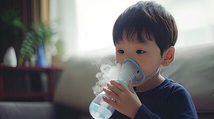 Child wellness: Little Asian boy, sick, using a steam inhaler nebulizer mask, medical care concept