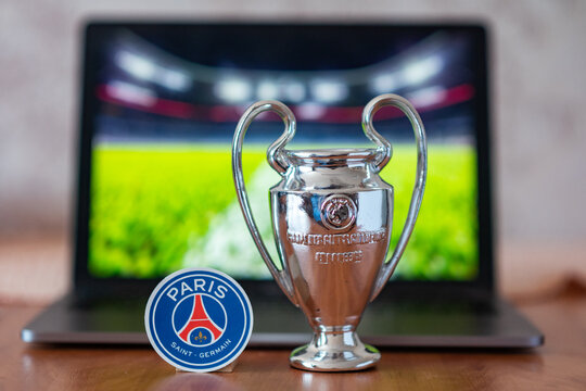 January 3, 2024, London, United Kingdom. Emblem of football club participating in the Uefa Champions League playoffs Paris Saint-Germain F.C.