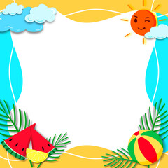 Obraz na płótnie Canvas Summer frame illustration decoration with watermelon, lemon, ball, beach, sea, holiday concept