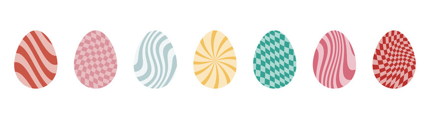 Easter eggs with retro groovy patterns in 60s 70s style set. Groovy hippie Happy Easter with distorted psychedelic design. Vector illustration 