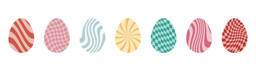 Easter eggs with retro groovy patterns in 60s 70s style set. Groovy hippie Happy Easter with distorted psychedelic design. Vector illustration 