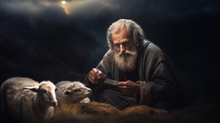 An old man, Bible character with a sheep and a knife, Biblical realistic illustration. 