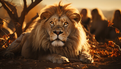 Majestic lioness resting in the African wilderness at sunset generated by AI