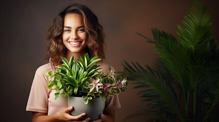 Woman gardener holding houseplant. Taking care about houseplants