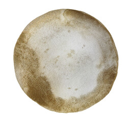 Gold, bronze ink watercolor paper grain texture stain blot on white background.