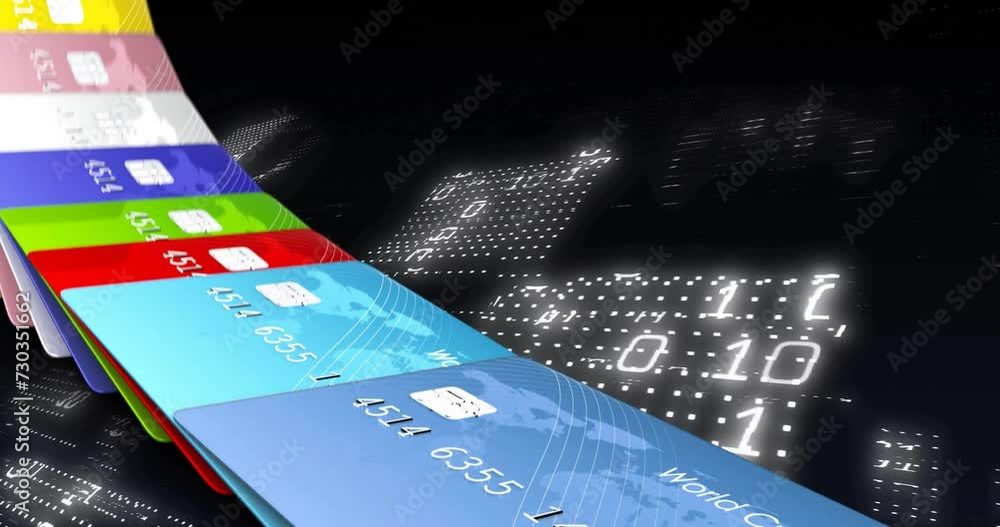 Aufkleber animation of credits cards, binary coding and financial data processing