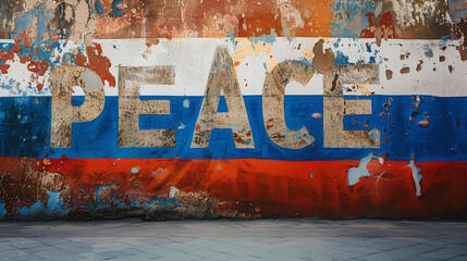 Russian flag with the word "PEACE" on a wall. Warlike conflict. Russian - Ukrainian war.