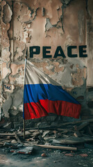 Russian flag with the word "PEACE" on a wall. Warlike conflict. Russian - Ukrainian war.