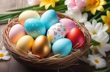 Fototapeta na wymiar Easter, colorful painted eggs decorated with ornaments and patterns, spring flowers, eggs in a wicker nest, wooden background