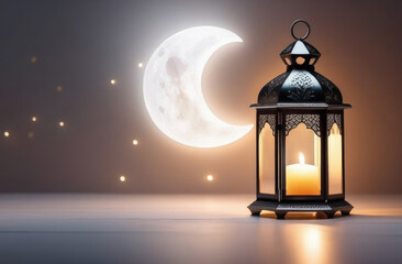 Laylat al-Qadr, Eid al-Fitr, holy month of Ramadan, Arab lantern fanus, crescent moon and stars, candles, pastel shades, gray background
