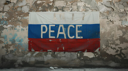 Russian flag with the word "PEACE" on a wall. Warlike conflict. Russian - Ukrainian war.