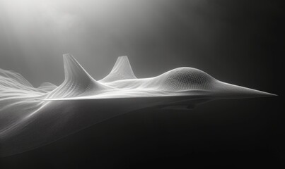 Conceptual design of a futuristic aircraft displayed in a minimalistic black and white environment showcasing aerodynamic features and advanced technology