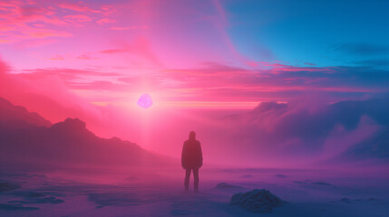 Silhouette of a person standing before a vibrant neon pink and blue mountainous landscape with mist and a glowing sun.