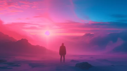 Schilderijen op glas Silhouette of a person standing before a vibrant neon pink and blue mountainous landscape with mist and a glowing sun. © Visionary Vistas