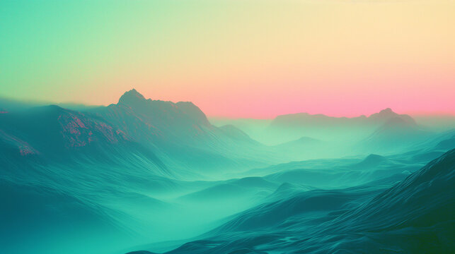 Ethereal neon gradient over serene mountain landscape.
