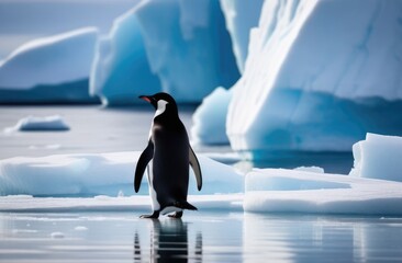 World Penguin Day, a lone adult penguin on an ice floe, a lost penguin, an iceberg in the ocean, a lot of snow - obrazy, fototapety, plakaty