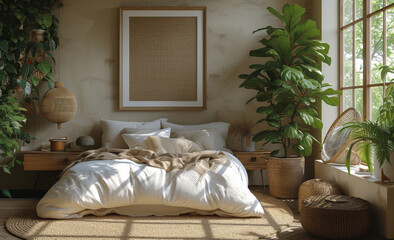 Cozy and serene bedroom with natural elements and abundant light in a peaceful atmosphere, ideal for relaxation and comfort