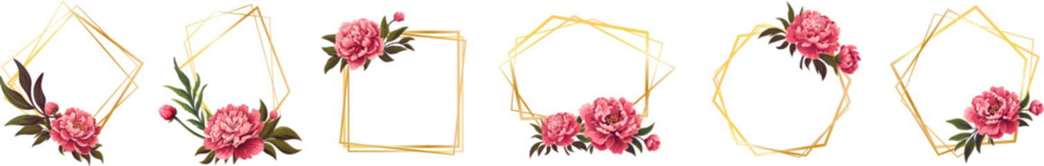 Obraz premium Geometric golden frame with flowers. Abstract floral frame . Border with flowers. Luxury gold frames with pink peonies. Watercolor floral elements with golden geometric frames set.