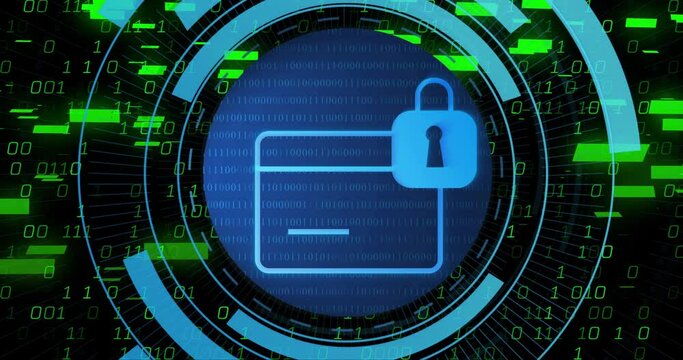 Animation of padlock with file icon, binary coding data processing