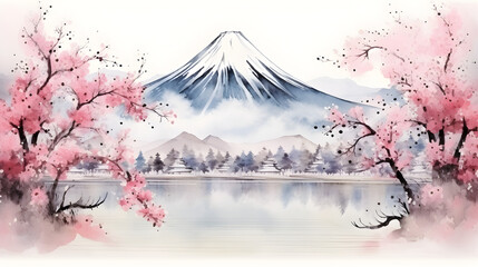 cherry blossom in spring,,
Mt Fuji and cherry blossom background Japan traditional painting