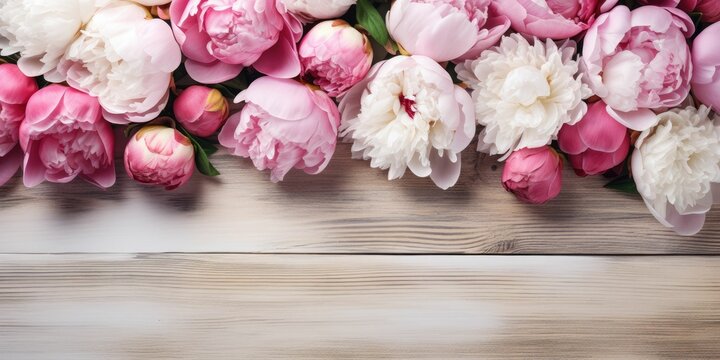 Background with white and pink roses on painted wooden planks. Copy space for text