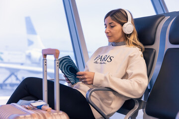 Relaxed attractive caucasian young woman reading a book at the airport with suitcase next to her and wearing headphones
