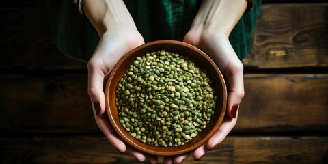 Female hands holding a bowl of green lentils on a wooden table background