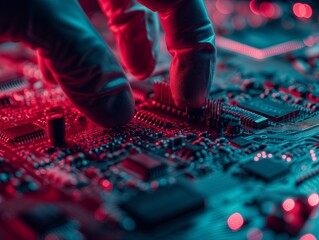 microcircuit board and master's hands. Micro chip. Colored backlight