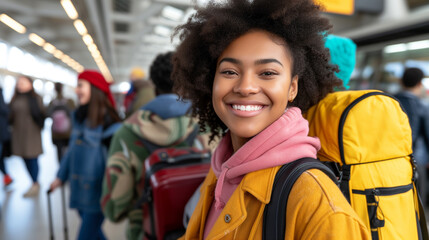 A fun young African American female student traveling abroad