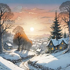 A magical winter landscape with a rural dwelling, in watercolor