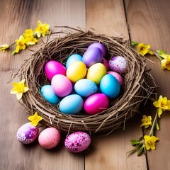 Fototapeta na wymiar Springtime Celebration with Easter Eggs in nest and Flowers