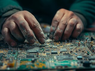 microcircuit board and master's hands. Micro chip. Colored backlight