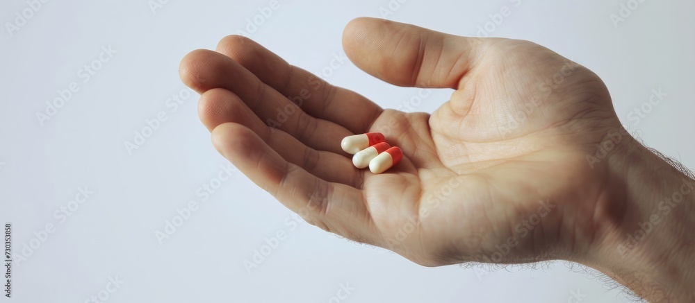 Sticker Man's hand holding medication on a white background.