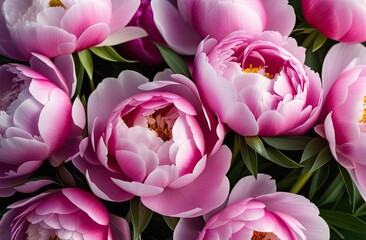 Fototapeta premium Top view photo of fresh colorful peonies. Colorful flowers decoration. Pastel colors. Greeting card for spring holidays. Template for Birthday, Women's Day, Mother's Day. Floral picture.