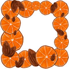 Square frame of orange fruits with almonds. Hand drawn orange slices and nuts isolated on a white background. Botanical frame, citrus fruits